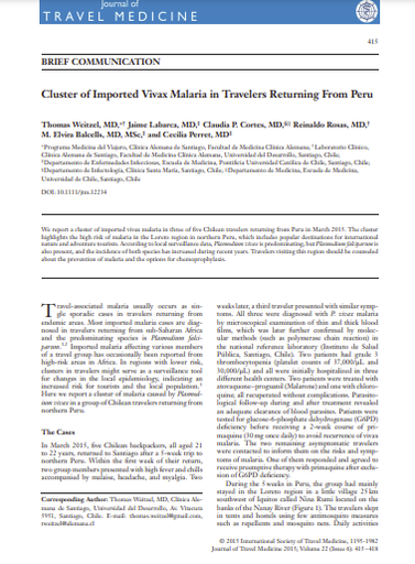 Cluster of Imported Vivax Malaria in Travelers Returning From Peru