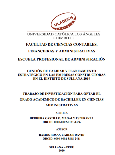 Gestión de calidad y planeamiento estratégico en las empresas constructoras en el distrito de Sullana 2019