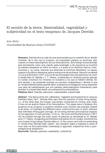 El sentido de la tierra. Materialidad, vegetalidad y subjetividad en el texto temprano de Jacques Derrida