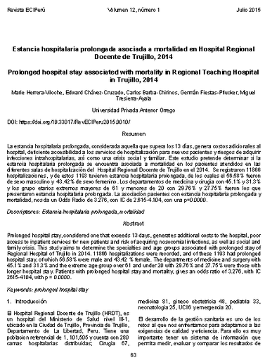 Estancia hospitalaria prolongada asociada a mortalidad en Hospital Regional Docente de Trujillo, 2014