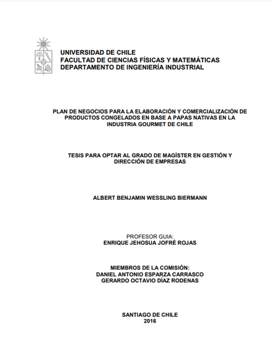Plan de negocios para la elaboración y comercialización de productos congelados en base a papas nativas en la industria Gourmet de Chile