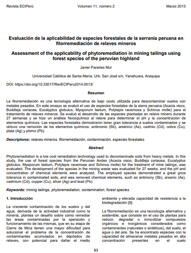 Evaluación de la aplicabilidad de especies forestales de la serranía peruana en fitorremediación de relaves mineros