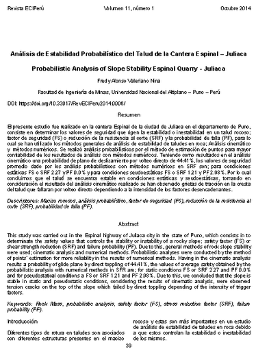 Análisis de Estabilidad Probabilístico del Talud de la Cantera Espinal - Juliaca