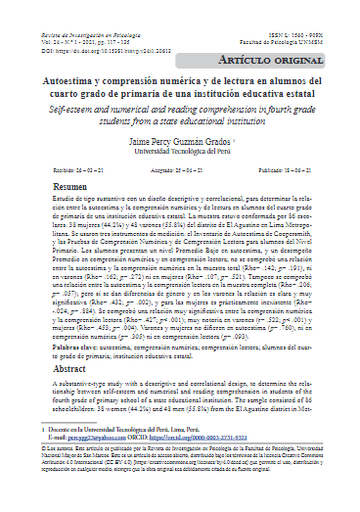 Autoestima y comprensión numérica y de lectura en alumnos del cuarto grado de primaria de una institución educativa estatal