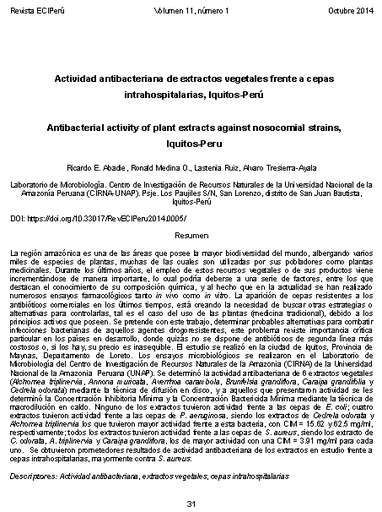 Actividad antibacteriana de extractos vegetales frente a cepas intrahospitalarias, Iquitos-Perú