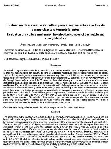 Evaluación de un medio de cultivo para el aislamiento selectivo de campylobacters termotolerantes