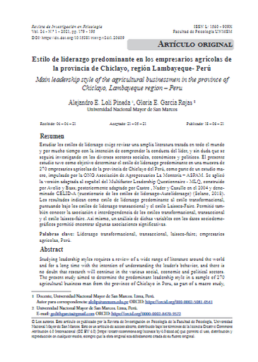 Estilo de liderazgo predominante en los empresarios agrícolas de la provincia de Chiclayo, región Lambayeque- Perú