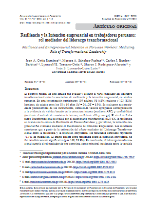 Resiliencia y la Intención empresarial en trabajadores peruanos: rol mediador del liderazgo transformacional
