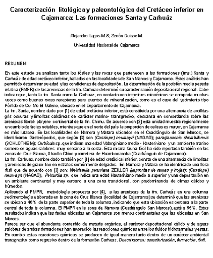 Caracterización litológica y paleontológica del Cretáceo inferior en Cajamarca: Las formaciones Santa y Carhuáz