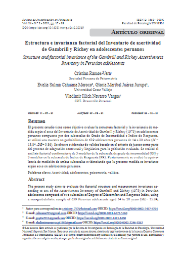 Estructura e invarianza factorial del Inventario de asertividad de Gambrill y Richey en adolescentes peruanos