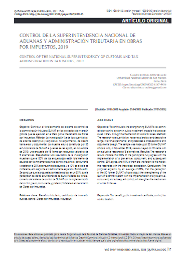 Control de la Superintendencia Nacional de Aduanas y administración tributaria en obras por impuestos, 2019