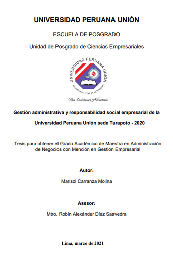 Gestión administrativa y responsabilidad social empresarial de la Universidad Peruana Unión sede Tarapoto - 2020