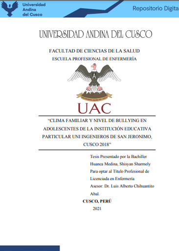 Clima familiar y nivel de bullying en adolescentes de la Institución Educativa Particular UNI Ingenieros de San Jerónimo