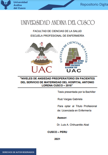 Niveles de ansiedad preoperatorio en pacientes del servicio de maternidad del Hospital Antonio Lorena Cusco - 2018