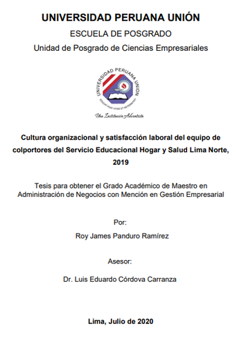 Cultura organizacional y satisfacción laboral del equipo de colportores del Servicio Educacional Hogar y Salud Lima Norte, 2019
