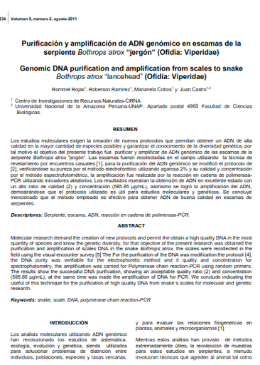 Purificación y amplificación de ADN genómico en escamas de la serpiente Bothrops atrox &quot;jergón&quot;