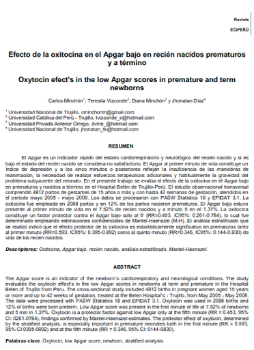 Efecto de la oxitocina en el Apgar bajo en recién nacidos prematuros y a término