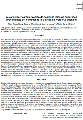 Aislamiento y caracterización de bacterias rojas no sulfurosas provenientes del humedal de la Mixtequilla, Veracruz (México)