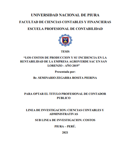 Los costos de producción y su incidencia en la rentabilidad de la empresa Agroverde SAC en San Lorenzo - año 2019