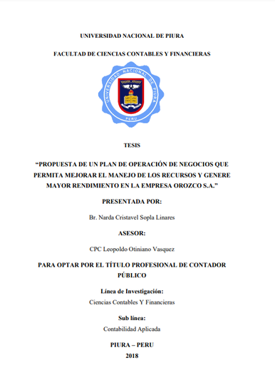 Propuesta de un plan de operación de negocios que permita mejorar el manejo de los recursos y genere mayor rendimiento