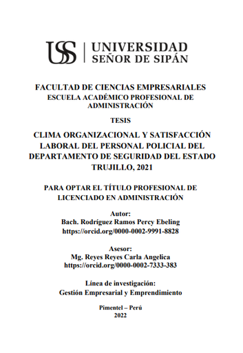 Clima organizacional y satisfacción laboral del personal policial del departamento de seguridad del estado Trujillo, 2021