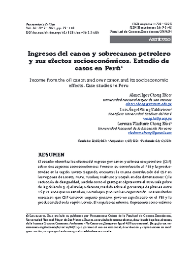 Ingresos del canon y sobrecanon petrolero y sus efectos socioeconómicos. Estudio de casos en Perú