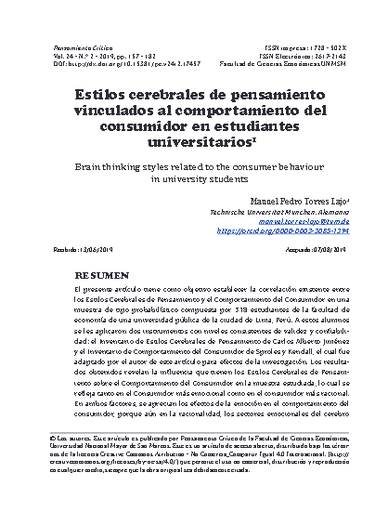 Estilos cerebrales de pensamiento vinculados al comportamiento del consumidor en estudiantes universitarios