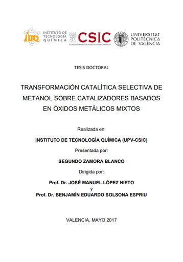 TRANSFORMACIÓN CATALÍTICA SELECTIVA DE METANOL SOBRE CATALIZADORES BASADOS EN ÓXIDOS MIXTOS METÁLICOS