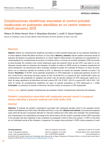 Complicaciones obstétricas asociadas al control prenatal inadecuado en puérperas atendidas en un centro materno infantil peruano