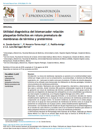 Utilidad diagnóstica del biomarcador relación plaquetas-linfocitos en rotura prematura de membranas de término y pretérmino