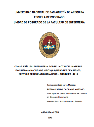 Consejería en enfermería sobre lactancia materna exclusiva a madres de niños (as) menores de 6 meses, Servicio de Neonatología HRHD - Arequipa - 2018