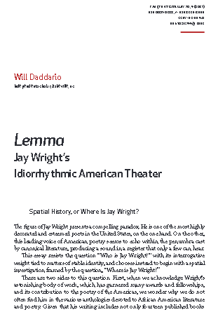 &quot;Lemma&quot;: Jay Wright's Idiorrhythmic American Theater