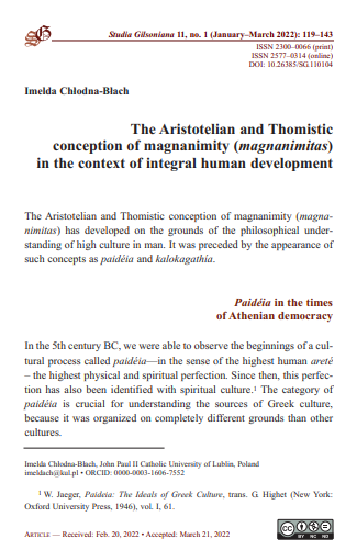 The Aristotelian and Thomistic conception of magnanimity (magnanimitas) in the context of integral human development