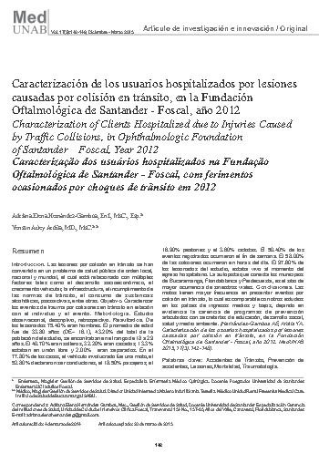 Caracterización de los usuarios hospitalizados por lesiones causadas por colisión en tránsito, en la Fundación Oftalmológica de Santander- Foscal, año 2012