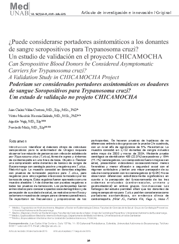 ¿Puede considerarse portadores asintomáticos a los donantes de sangre seropositivos para Trypanosoma cruzi? Un estudio de validación en el proyecto CHICAMOCHA