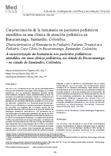 Caracterización de la hematuria en pacientes pediátricos atendidos en una clínica de atención pediátrica en Bucaramanga, Santander, Colombia.