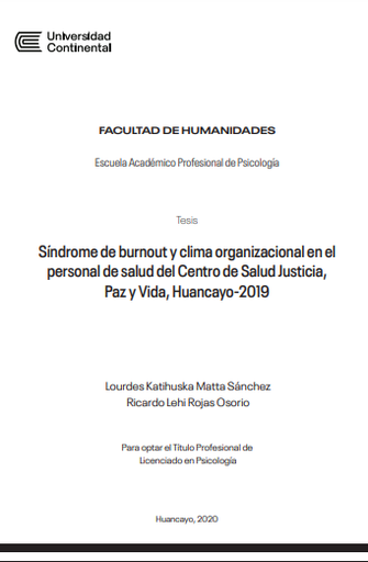 Síndrome de burnout y clima organizacional en el personal de salud del Centro de Salud Justicia, Paz y Vida, Huancayo-2019