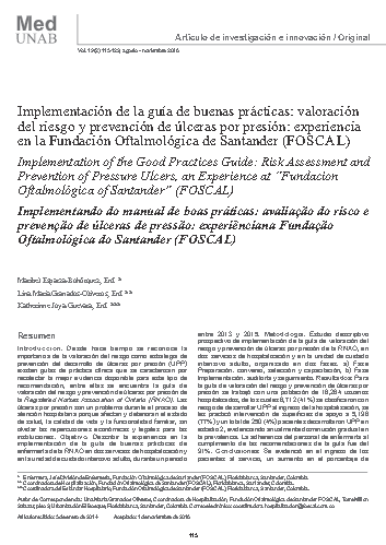 Implementación de la guía de buenas prácticas: valoración del riesgo y prevención de úlceras por presión: experiencia en la Fundación Oftalmológica de Santander (FOSCAL)