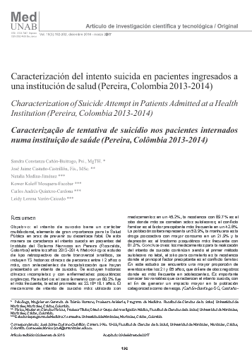 Caracterización del intento suicida en pacientes que ingresaron al Instituto del Sistema Nervioso en la ciudad de Pereira, Risaralda, Colombia, 2013-2014