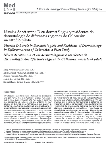 Niveles de vitamina D en dermatólogos y residentes de dermatología de diferentes regiones de Colombia: un estudio piloto