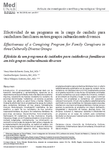 Efectividad de un programa en la carga de cuidado para cuidadores familiares en tres grupos culturalmente diversos