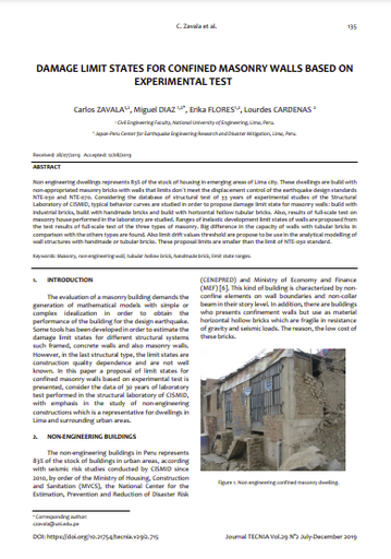 Damage limit states for confined masonry walls based on experimental test