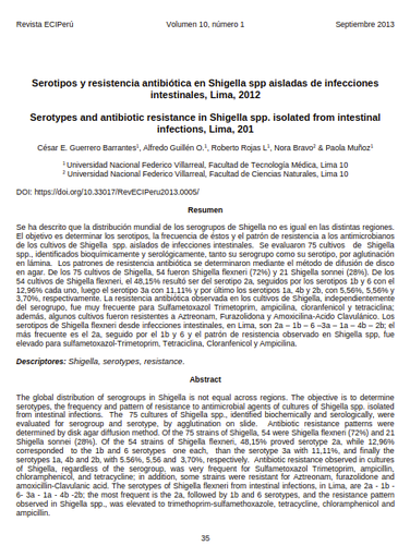 Serotipos y resistencia antibiótica en Shigella spp aisladas de infecciones intestinales, Lima, 2012