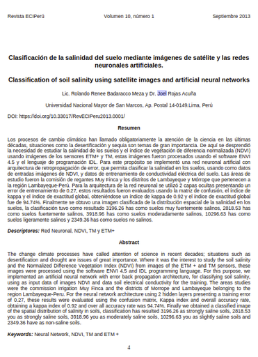 Clasificación de la salinidad del suelo mediante imágenes de satélite y las redes neuronales artificiales