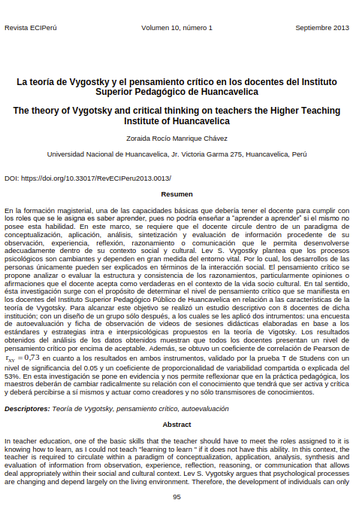 La teoría de Vygostky y el pensamiento crítico en los docentes del Instituto Superior Pedagógico de Huancavelica