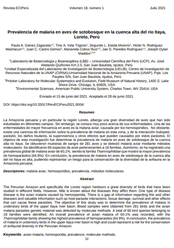 Prevalencia de malaria en aves de sotobosque en la cuenca alta del rio Itaya, Loreto, Perú