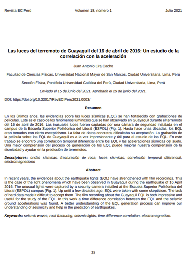 Las luces del terremoto de Guayaquil del 16 de abril de 2016: Un estudio de la correlación con la aceleración