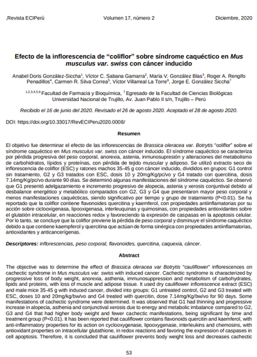 Efecto de la inflorescencia de &quot;coliflor&quot; sobre síndrome caquéctico en Mus musculus var. swiss con cáncer inducido