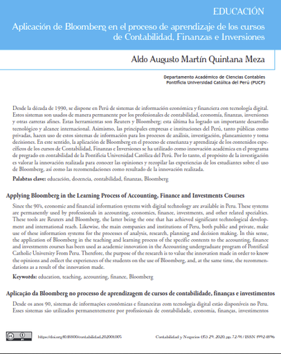 Aplicación de Bloomberg en el proceso de aprendizaje de los cursos de Contabilidad, Finanzas e Inversiones