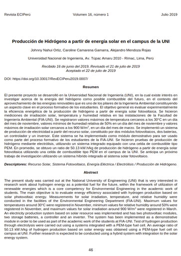 Producción de Hidrógeno a partir de energía solar en el campus de la UNI